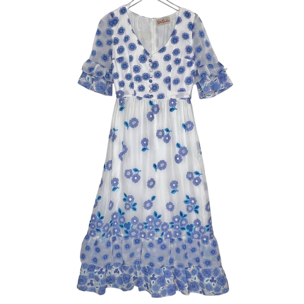Betty Barclay S Vintage Retro Maxi Dress Ruffle Layered Blue White Floral